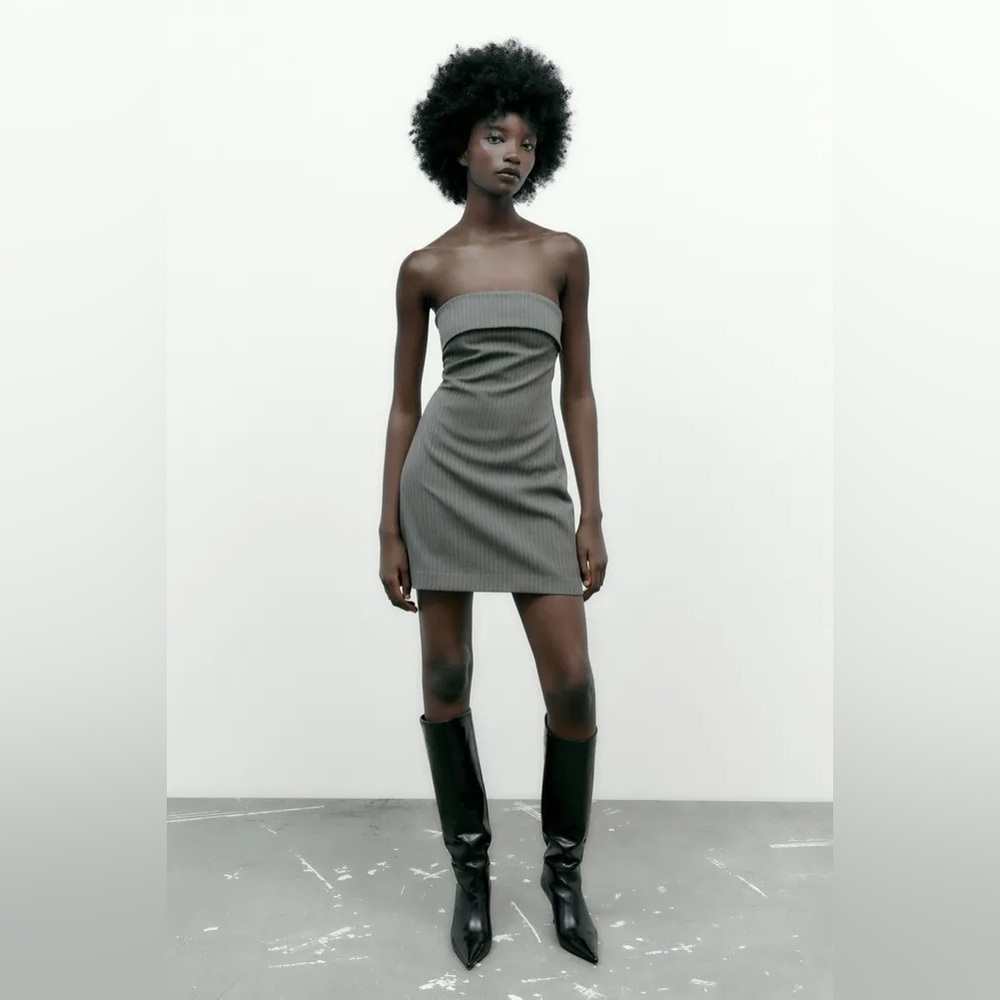 NWT Zara Strapless Bandeau Pinstripe Mini Dress Gray - Picture 3 of 7